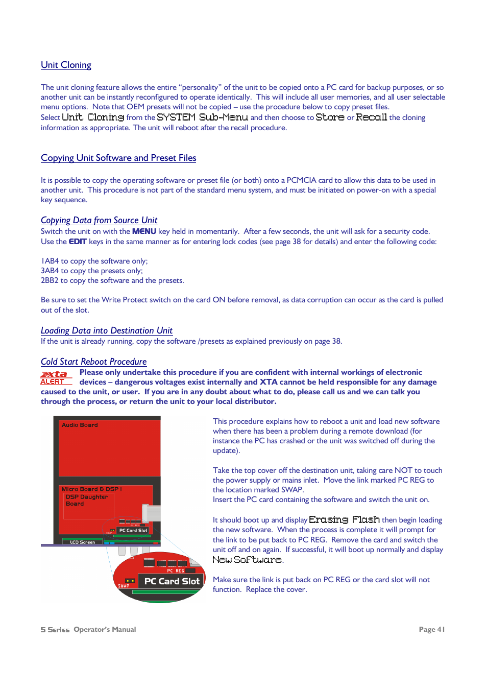 Unit cloning, Copying unit software and preset files, Copying data from source unit | Loading data into destination unit, Cold start reboot procedure | XTA 5 Series User Manual | Page 41 / 66