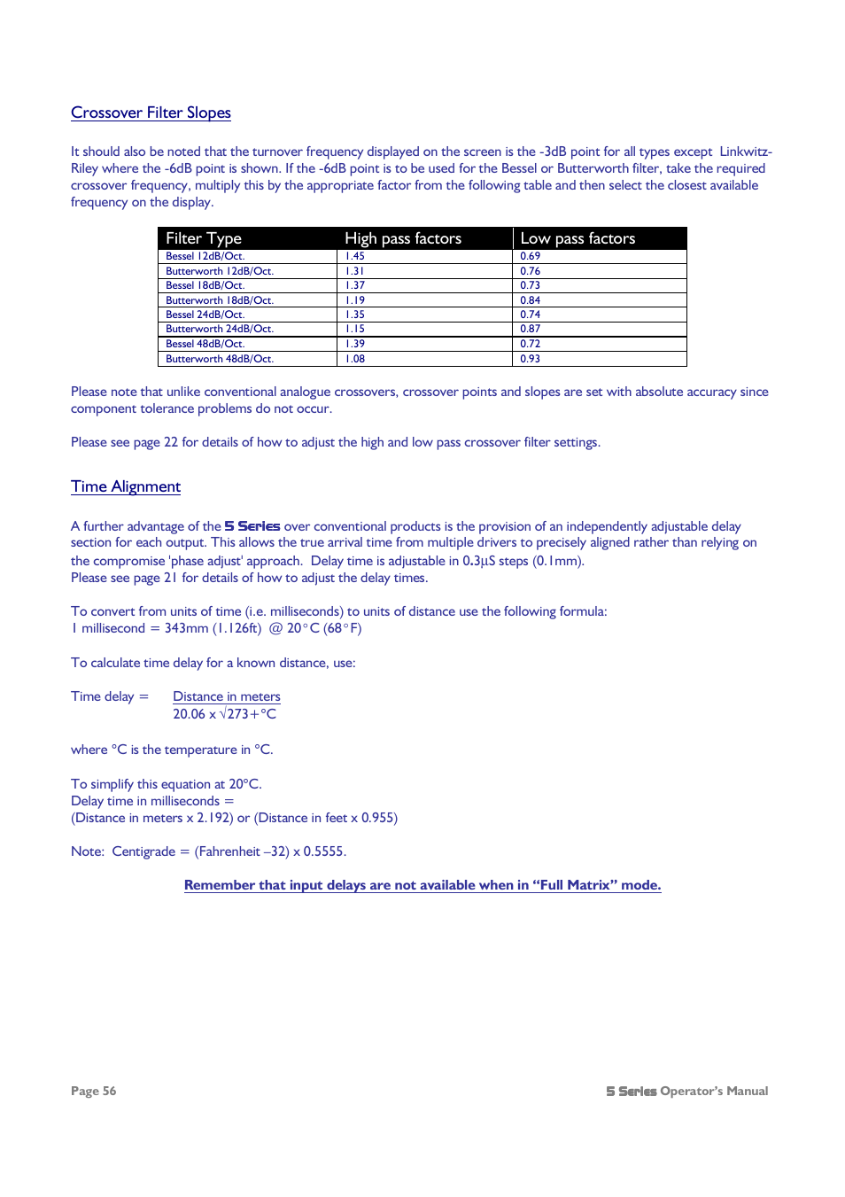 Crossover filter slopes, Filter type high pass factors low pass factors, Time alignment | XTA 5 Series User Manual | Page 56 / 66