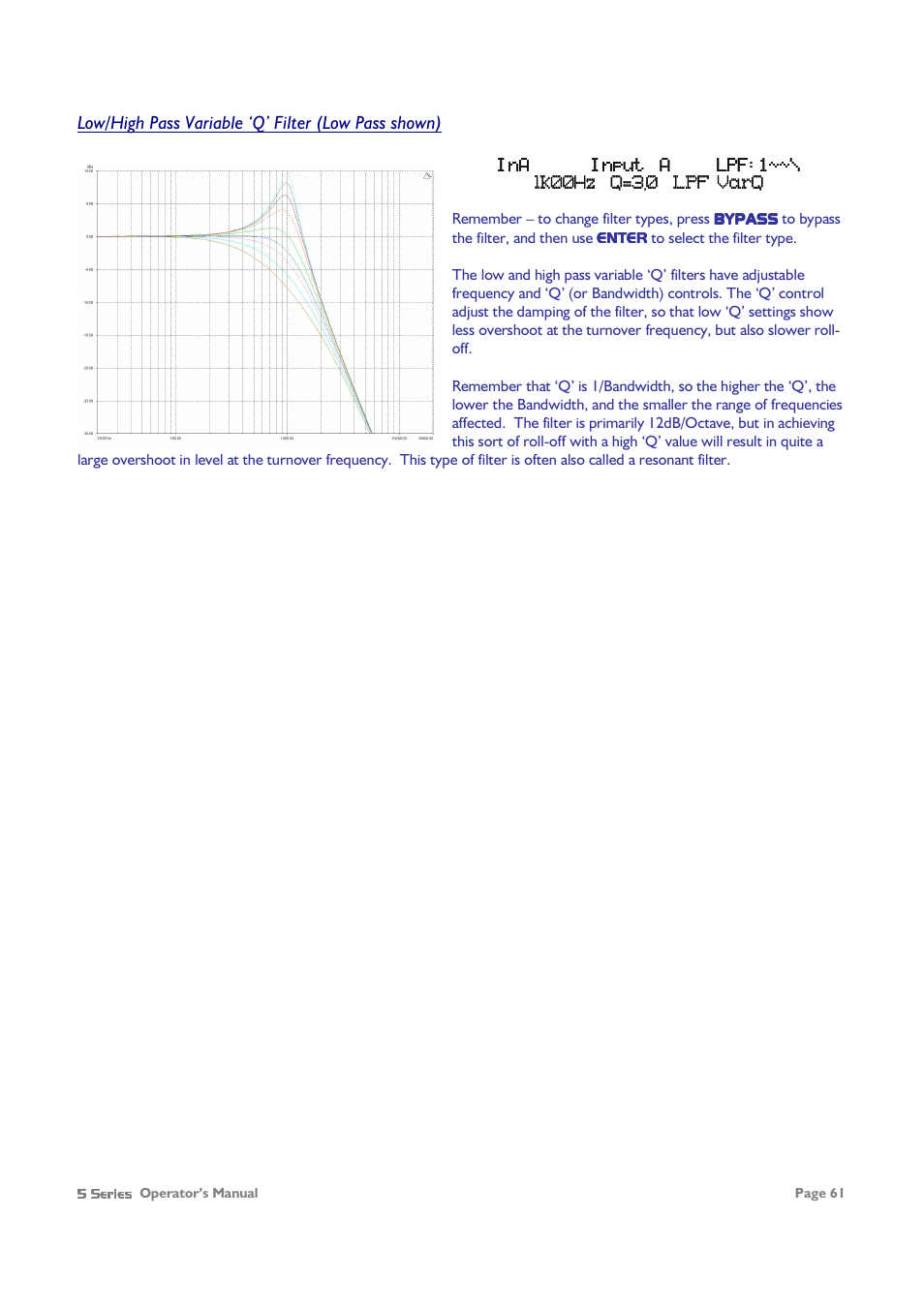 Low/high pass variable ‘q’ filter (low pass shown) | XTA 5 Series User Manual | Page 61 / 66
