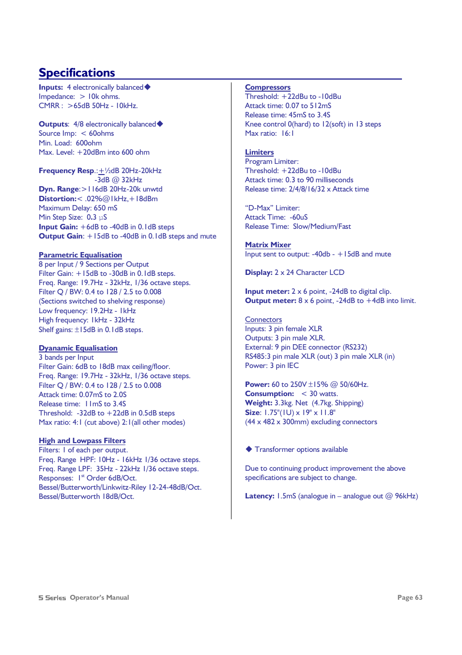 Specifications | XTA 5 Series User Manual | Page 63 / 66
