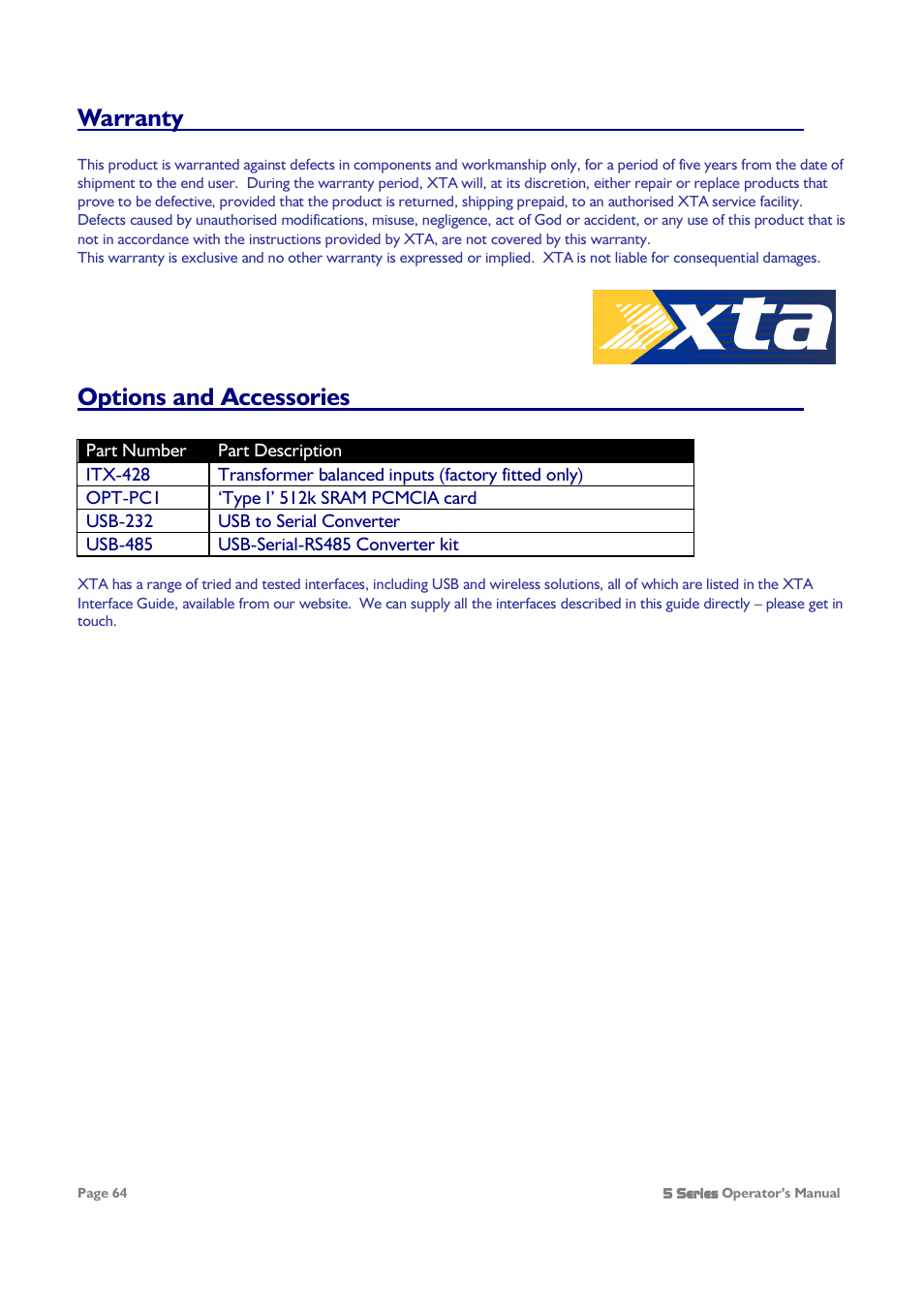 Warranty, Options and accessories | XTA 5 Series User Manual | Page 64 / 66