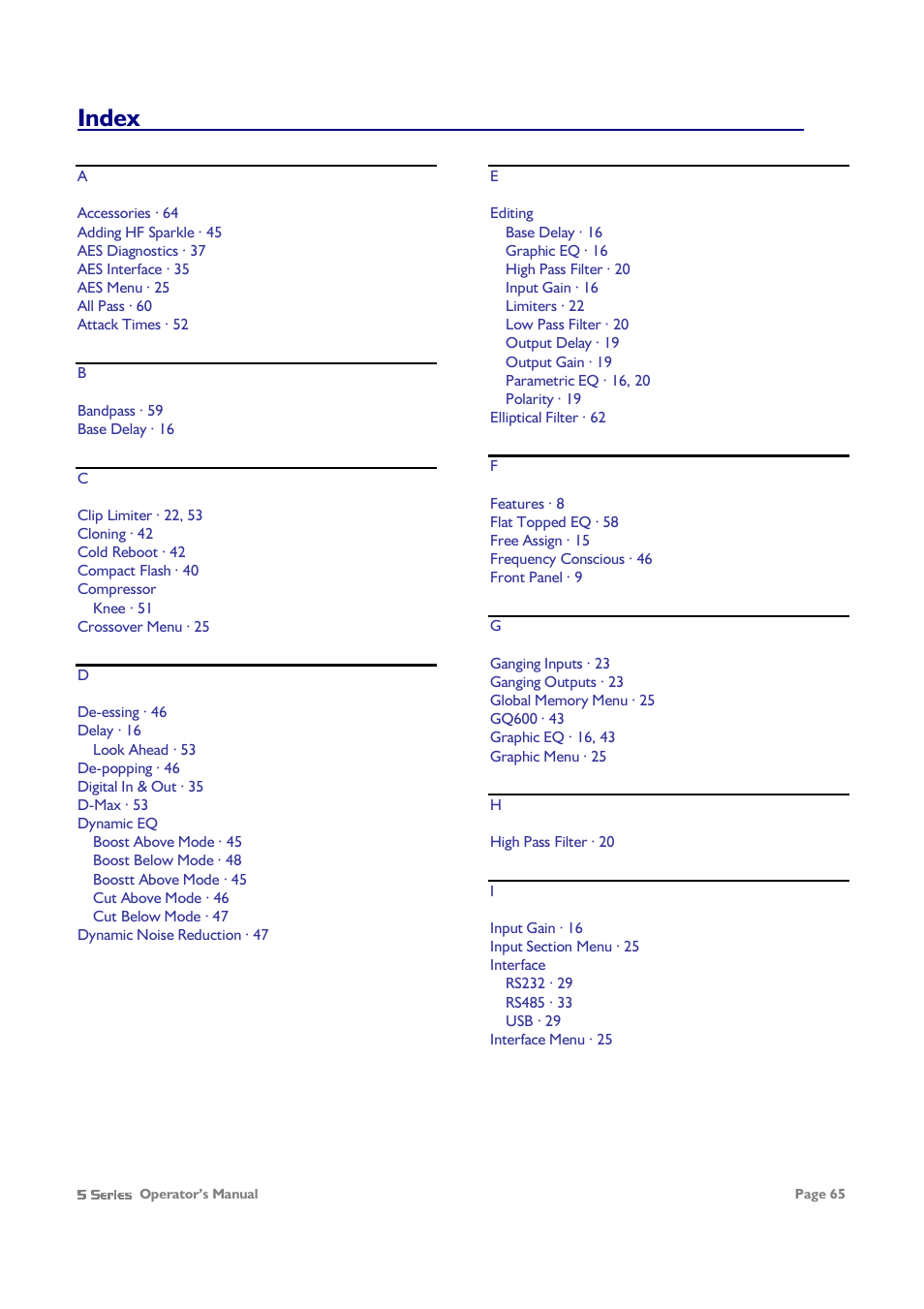 Index | XTA 5 Series User Manual | Page 65 / 66