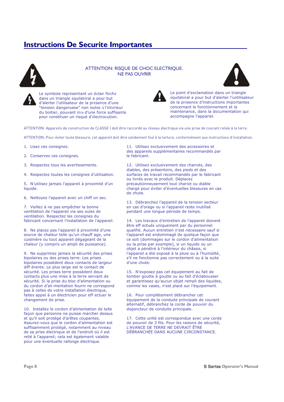 Instructions de securite importantes | XTA 5 Series User Manual | Page 8 / 66