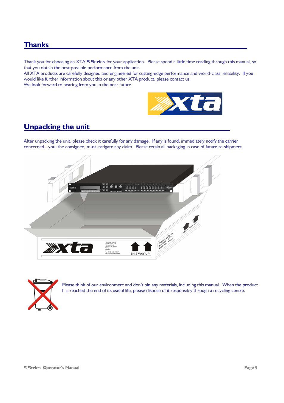 Unpacking the unit | XTA 5 Series User Manual | Page 9 / 66