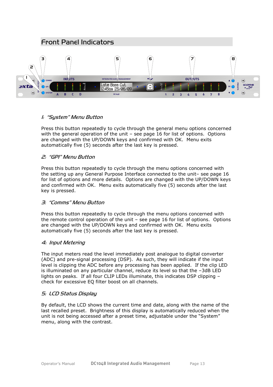 Front panel indicators, “system” menu button, “gpi” menu button | “comms” menu button, Input metering, Lcd status display, Ta x, Dc1048 integrated audio management | XTA DC1048 User Manual | Page 13 / 60