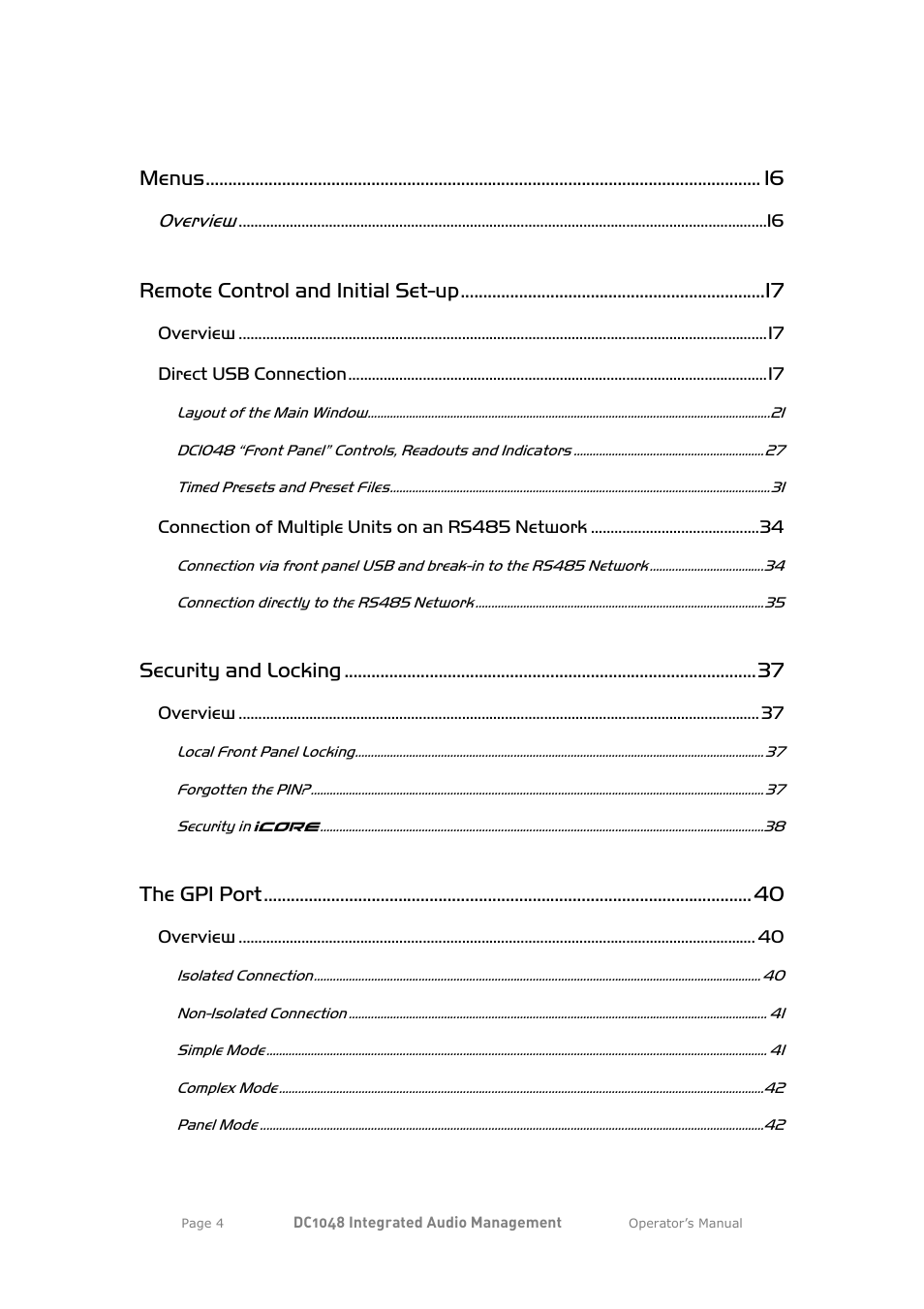 Menus, Remote control and initial set-up, Security and locking | The gpi port | XTA DC1048 User Manual | Page 4 / 60