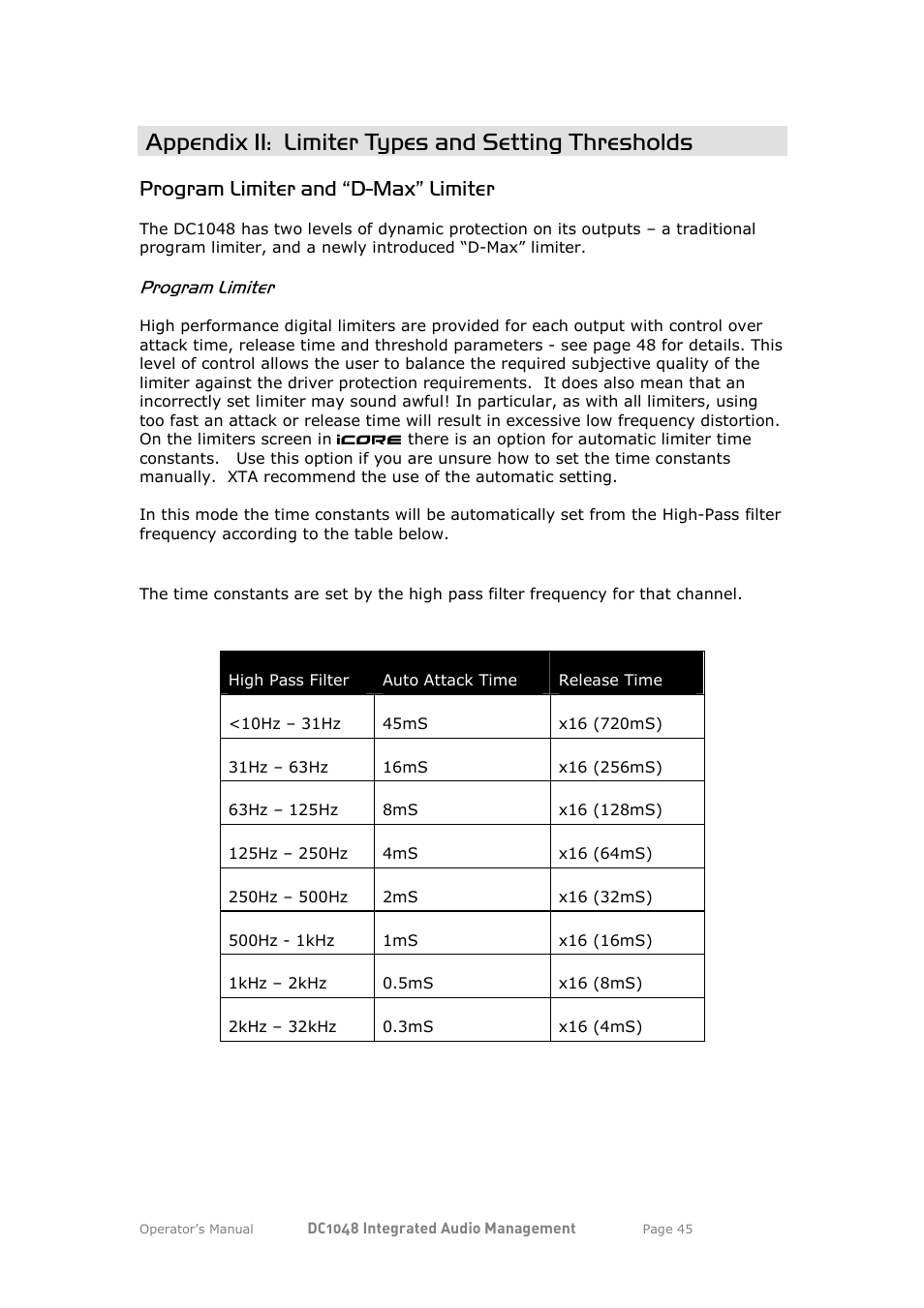 Appendix ii: limiter types and setting thresholds, Program limiter and “d-max” limiter, Program limiter | XTA DC1048 User Manual | Page 45 / 60