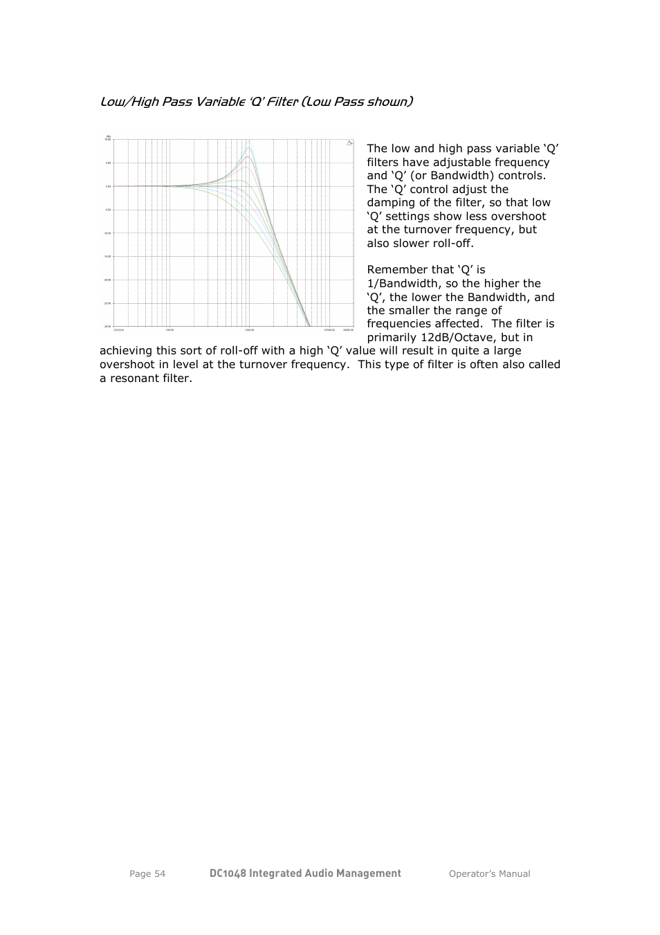 Low/high pass variable ‘q’ filter (low pass shown) | XTA DC1048 User Manual | Page 54 / 60