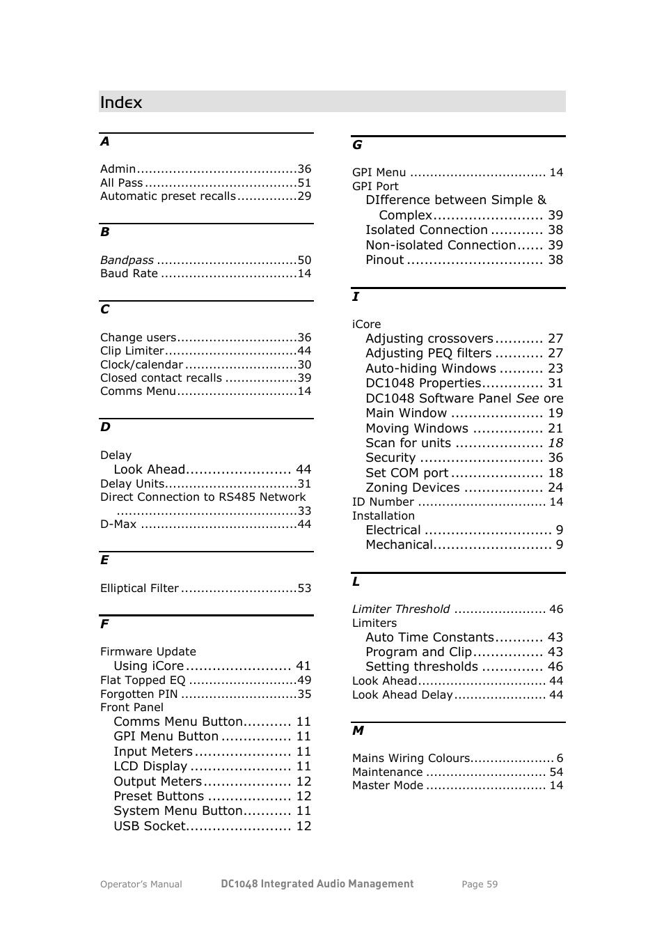 Index | XTA DC1048 User Manual | Page 59 / 60