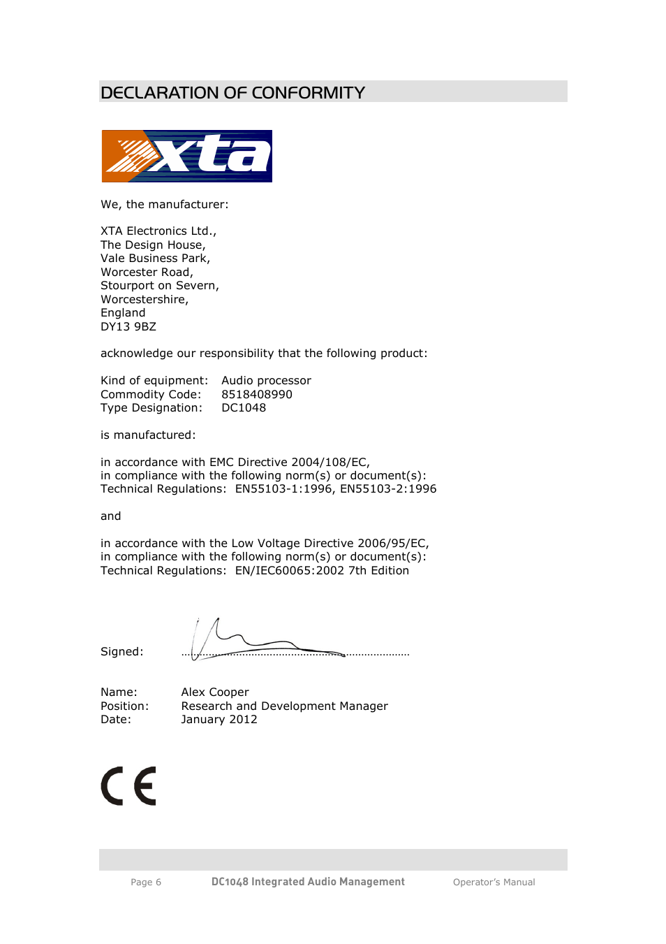 Ta x, Declaration of conformity | XTA DC1048 User Manual | Page 6 / 60