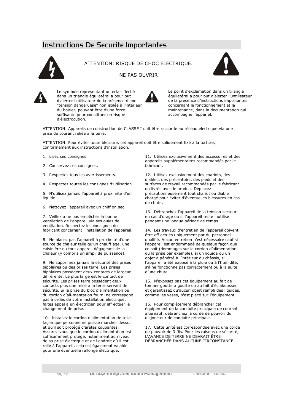 Instructions de securite importantes | XTA DC1048 User Manual | Page 8 / 60