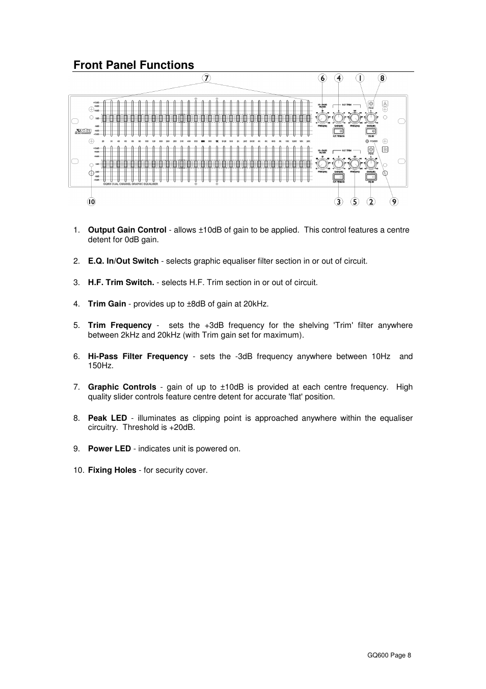 Front panel functions | XTA GQ600 User Manual | Page 10 / 14