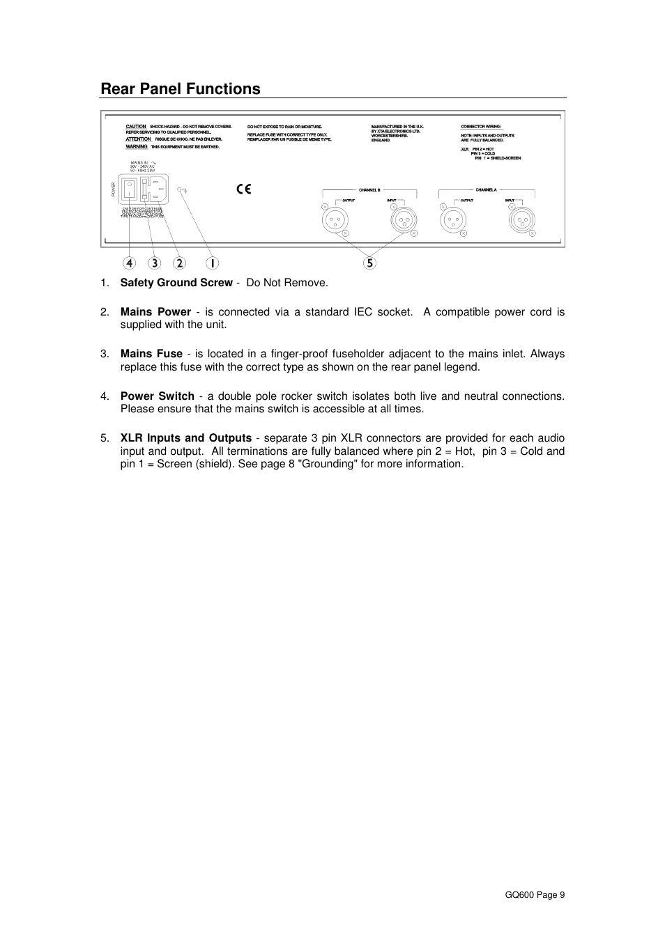 Rear panel functions | XTA GQ600 User Manual | Page 11 / 14