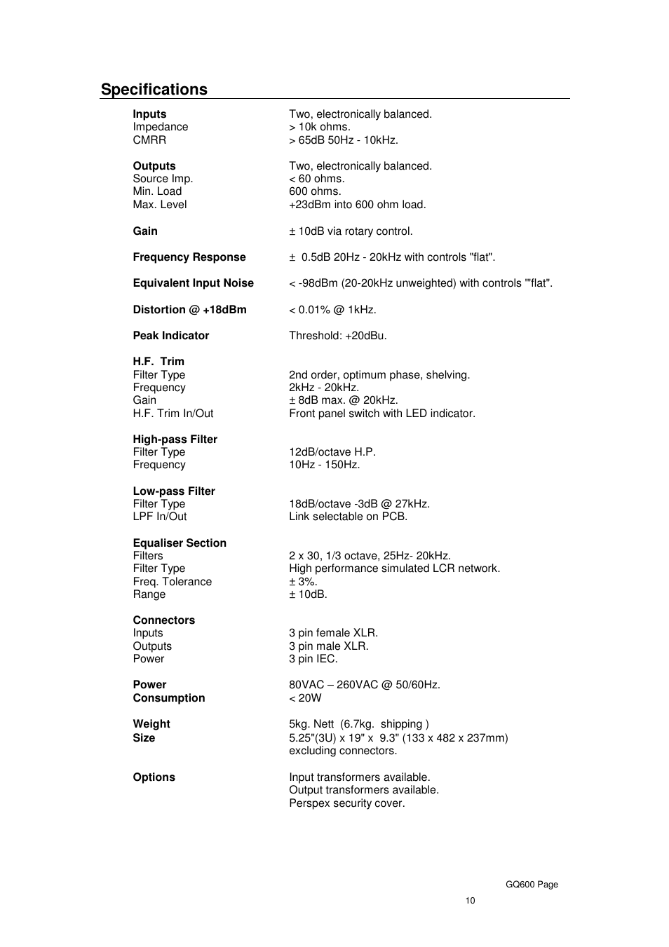 Specifications | XTA GQ600 User Manual | Page 12 / 14