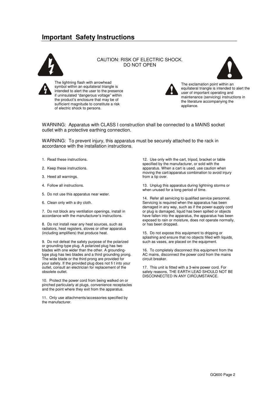 Important safety instructions | XTA GQ600 User Manual | Page 4 / 14