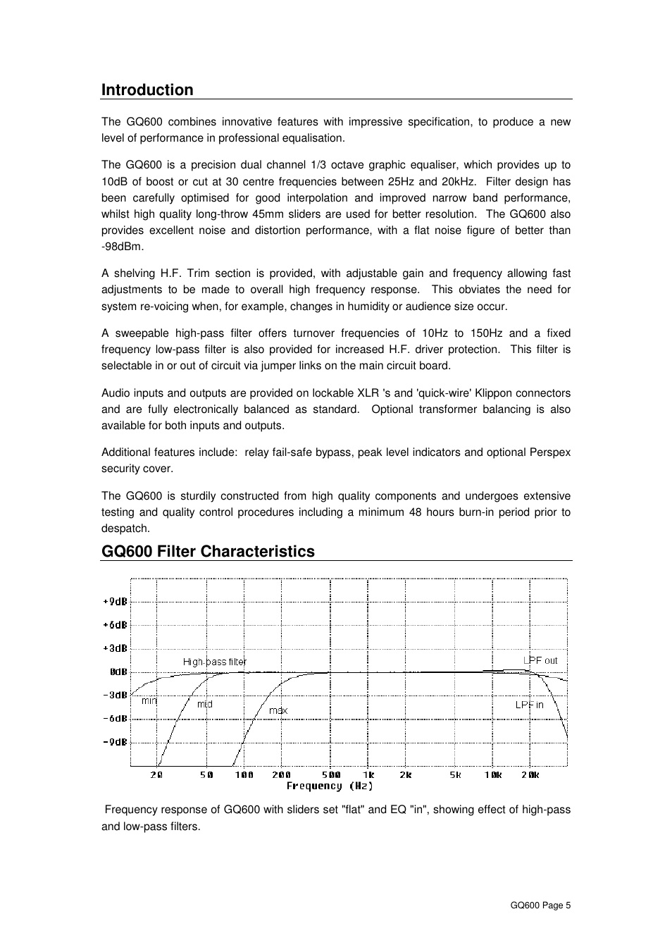 Introduction, Gq600 filter characteristics | XTA GQ600 User Manual | Page 7 / 14