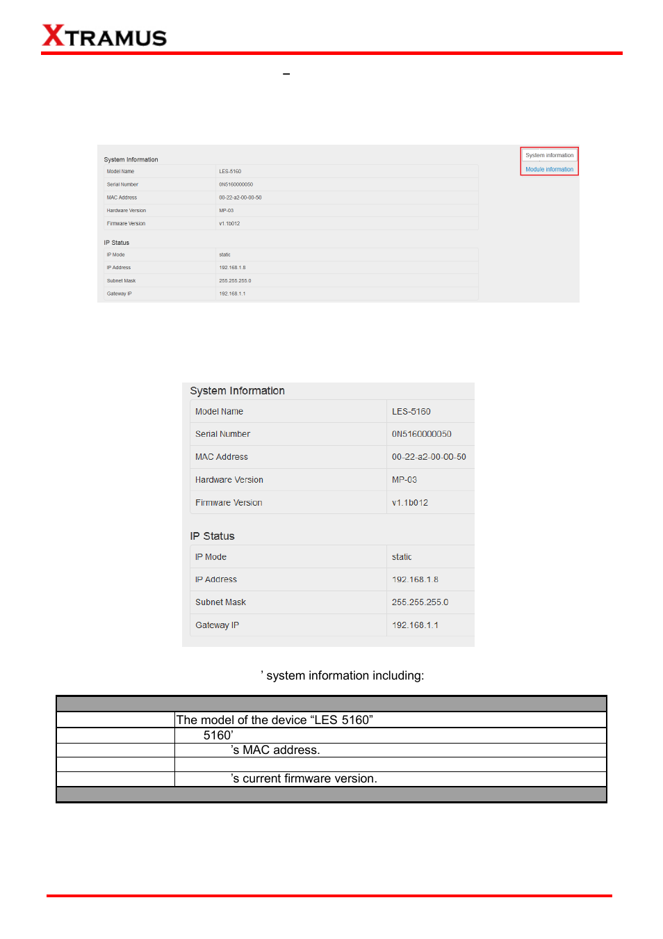 System information, System | Xtramus LES-5160 V1.2 User Manual | Page 27 / 35