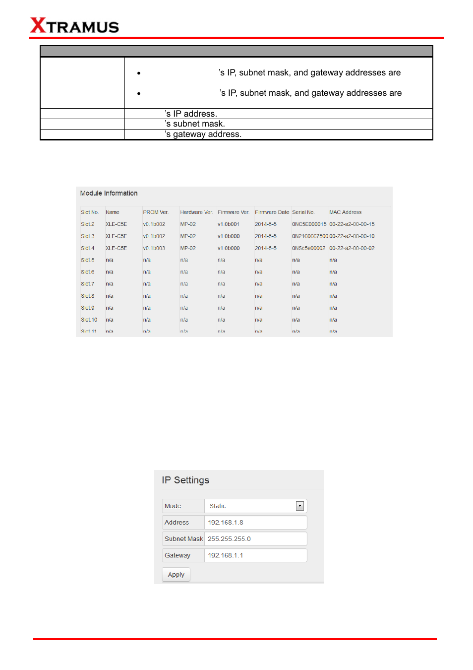 Module information, Ip settings | Xtramus LES-5160 V1.2 User Manual | Page 28 / 35