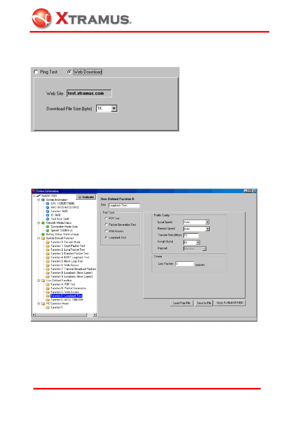 4 default user defined function d: loopback test | Xtramus NuBAR-1000 V1.4 User Manual | Page 43 / 55