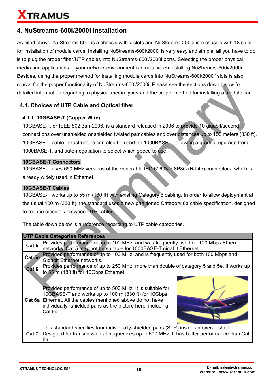 Nustreams-600i/2000i installation, Choices of utp cable and optical fiber, 10gbase-t (copper wire) | Xtramus NuStreams-2000i V1.0 User Manual | Page 10 / 33