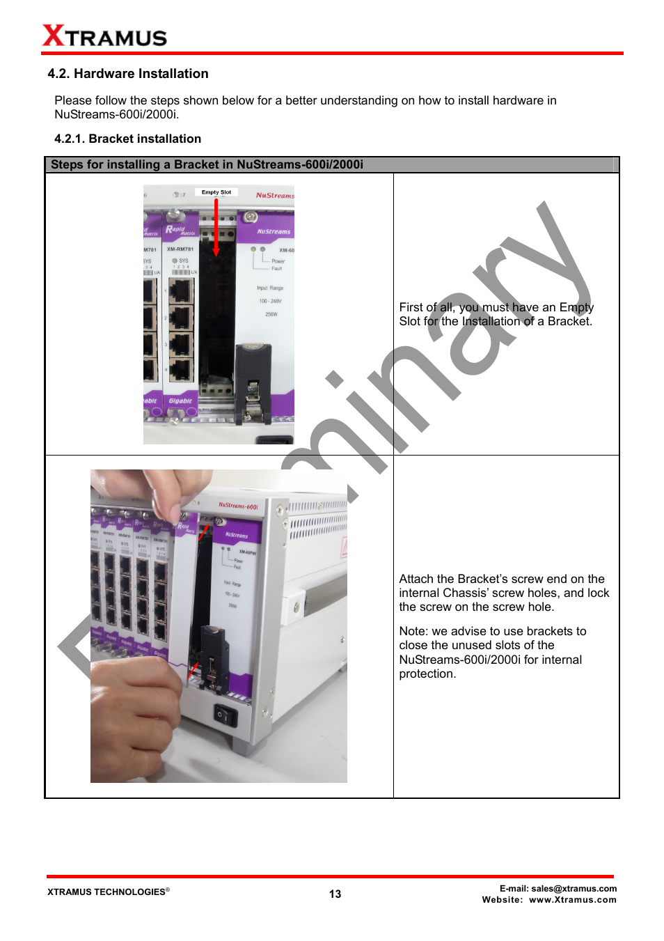 Hardware installation, Bracket installation | Xtramus NuStreams-2000i V1.0 User Manual | Page 13 / 33