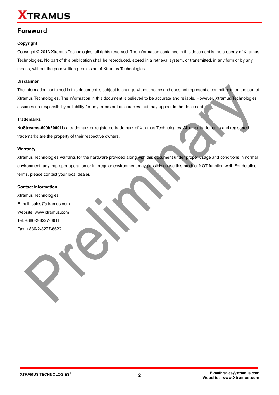 Foreword | Xtramus NuStreams-2000i V1.0 User Manual | Page 2 / 33