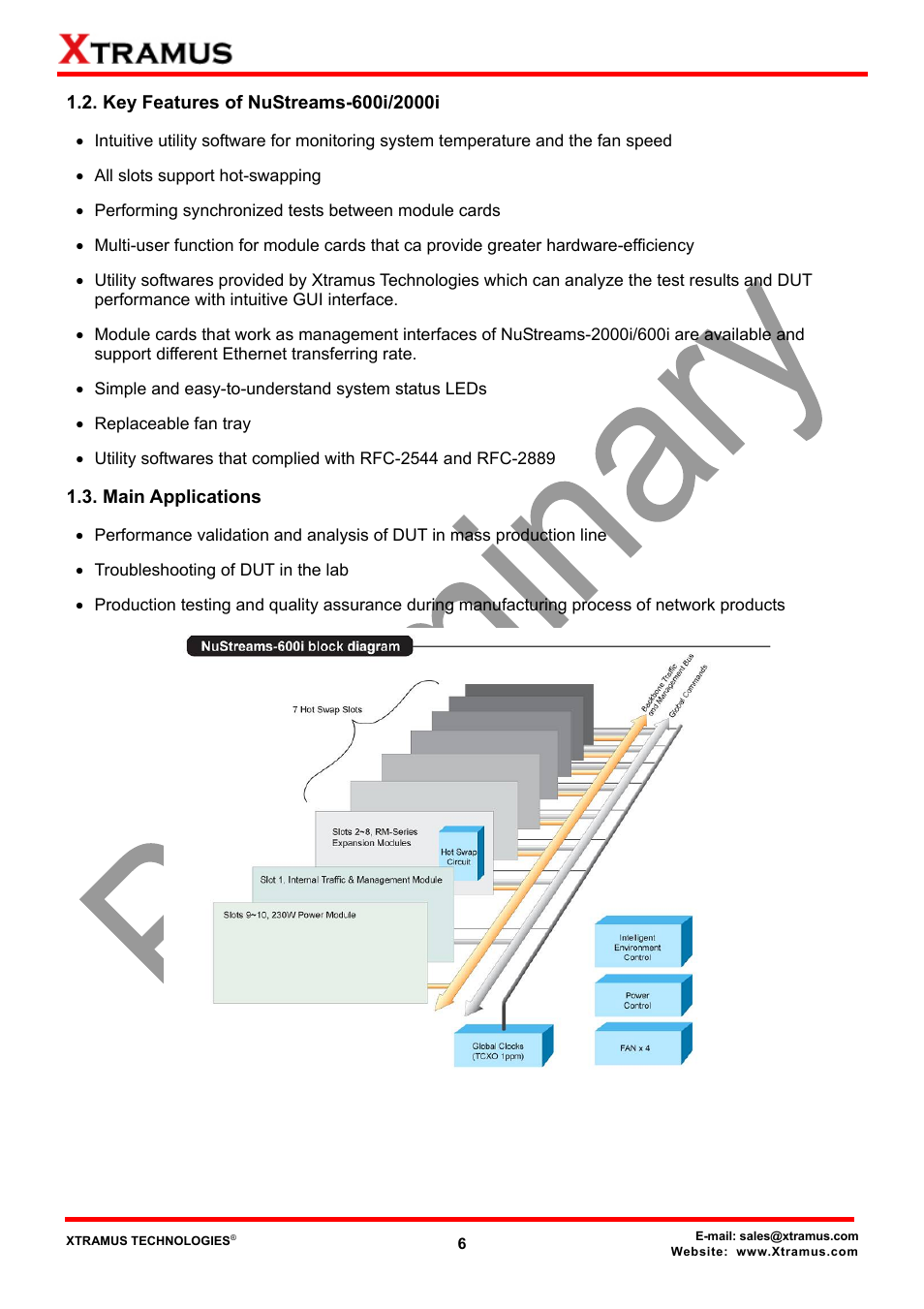 Key features of nustreams-600i/2000i, Main applications | Xtramus NuStreams-2000i V1.0 User Manual | Page 6 / 33