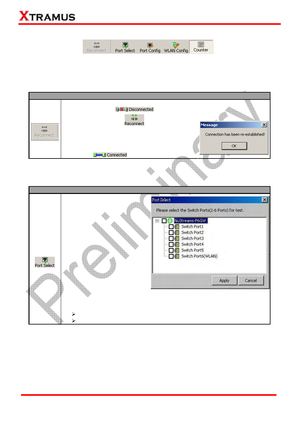 Nuset-minipg-st function – quick launch buttons, Quick launch buttons – reconnect, Quick launch buttons – port select | Xtramus NuStreams-P6GW V1.0 User Manual | Page 53 / 78