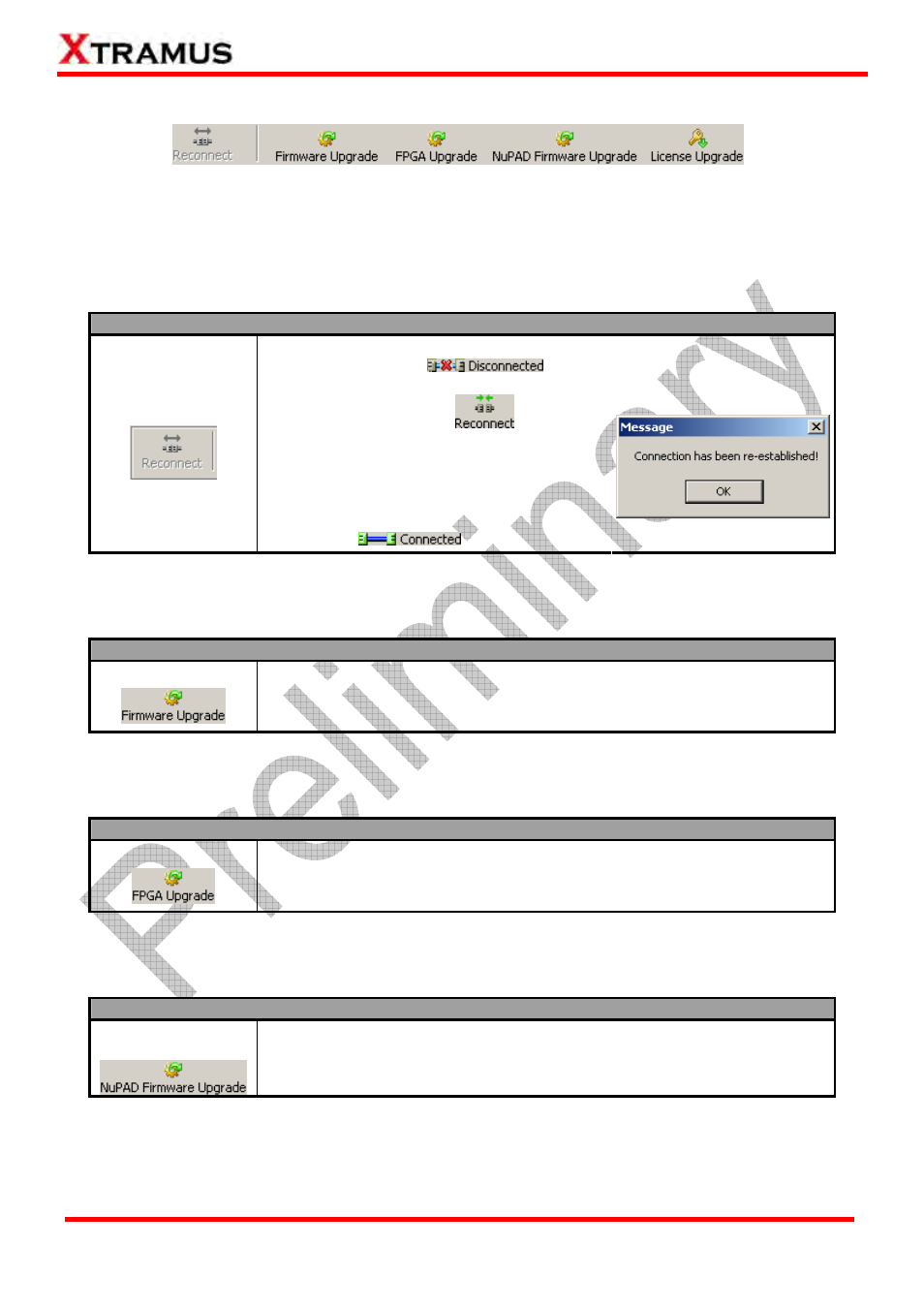 Nuset-minipg-ug function – quick launch buttons, Quick launch buttons – reconnect, Quick launch buttons – firmware upgrade | Quick launch buttons – fpga upgrade, Quick launch buttons – nupad firmware upgrade | Xtramus NuStreams-P6GW V1.0 User Manual | Page 73 / 78