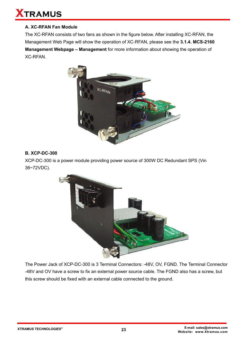 A. xc-rfan fan module, B. xcp-dc-300 | Xtramus MCS-2160 V1.9.2 User Manual | Page 23 / 79