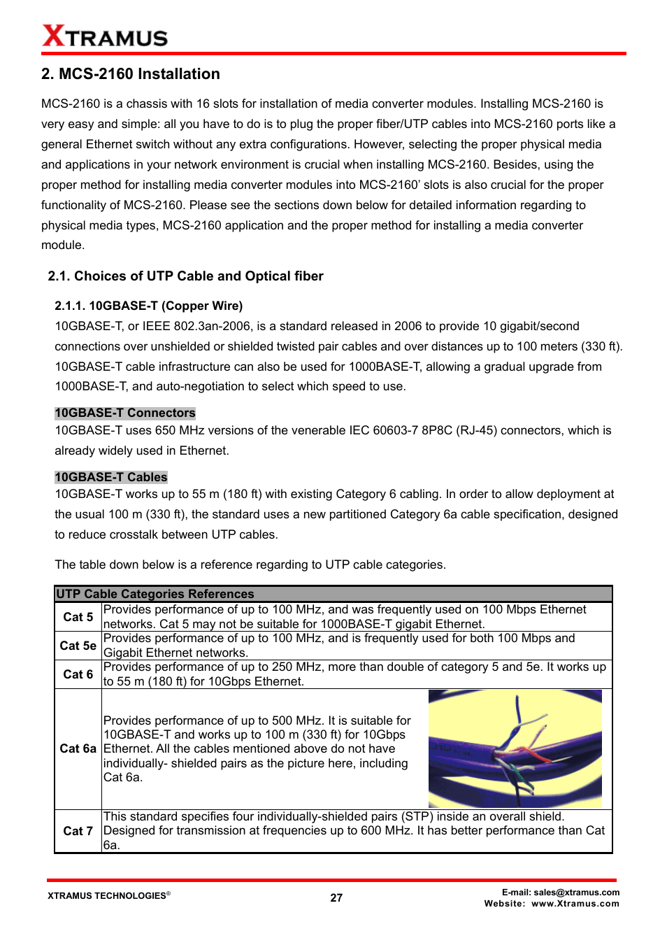 Mcs-2160 installation, Choices of utp cable and optical fiber, 10gbase-t (copper wire) | Xtramus MCS-2160 V1.9.2 User Manual | Page 27 / 79