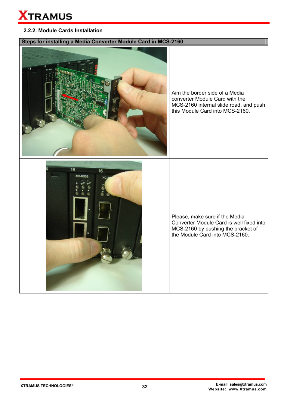 Module cards installation | Xtramus MCS-2160 V1.9.2 User Manual | Page 32 / 79