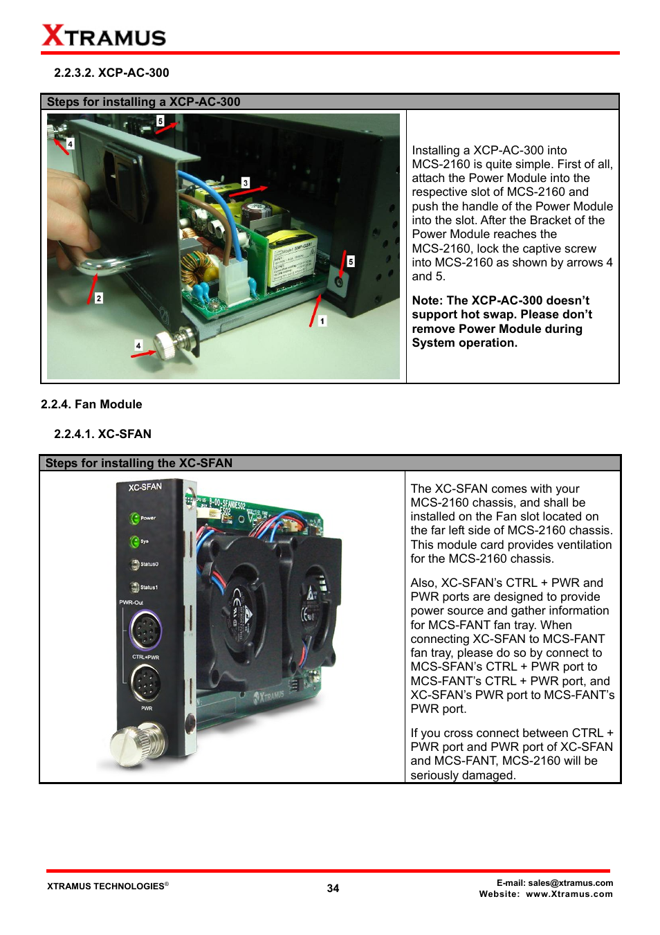 Xcp-ac-300, Fan module, Xc-sfan | Xtramus MCS-2160 V1.9.2 User Manual | Page 34 / 79