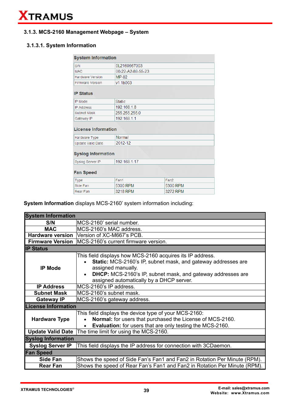 System information | Xtramus MCS-2160 V1.9.2 User Manual | Page 39 / 79