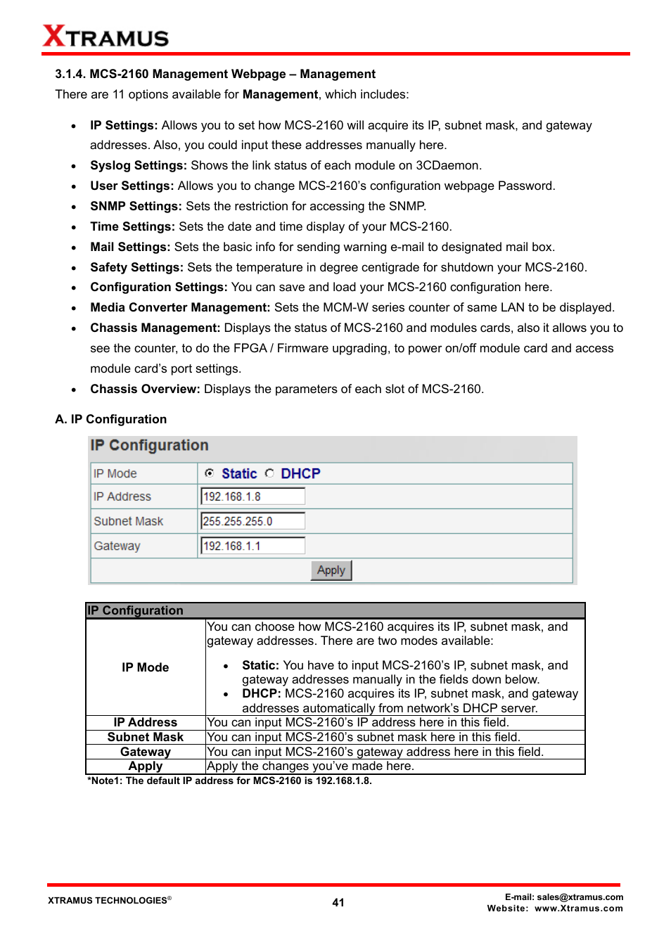 A. ip configuration | Xtramus MCS-2160 V1.9.2 User Manual | Page 41 / 79