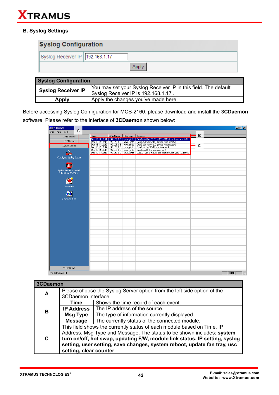 B. syslog settings | Xtramus MCS-2160 V1.9.2 User Manual | Page 42 / 79