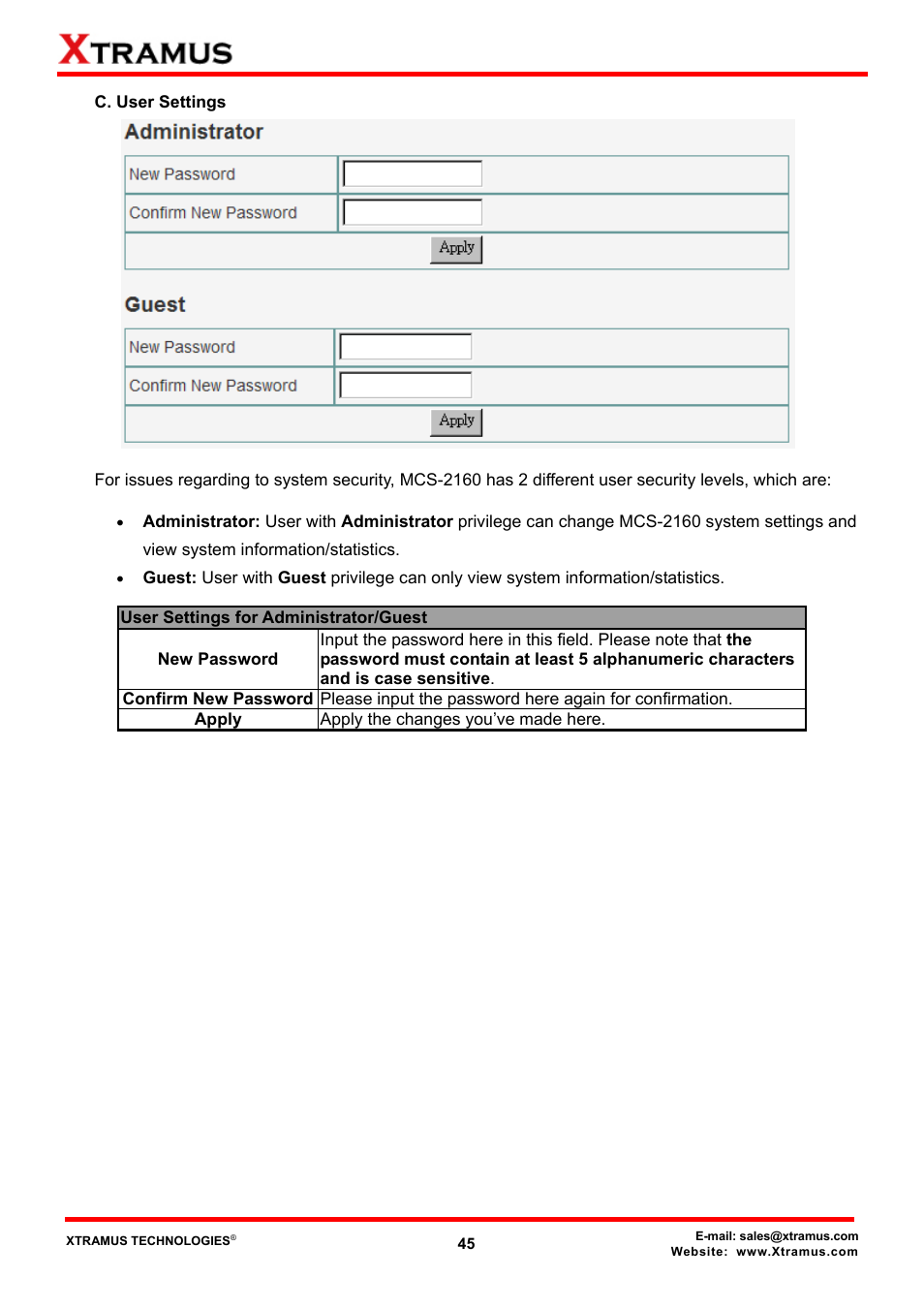 C. user settings | Xtramus MCS-2160 V1.9.2 User Manual | Page 45 / 79