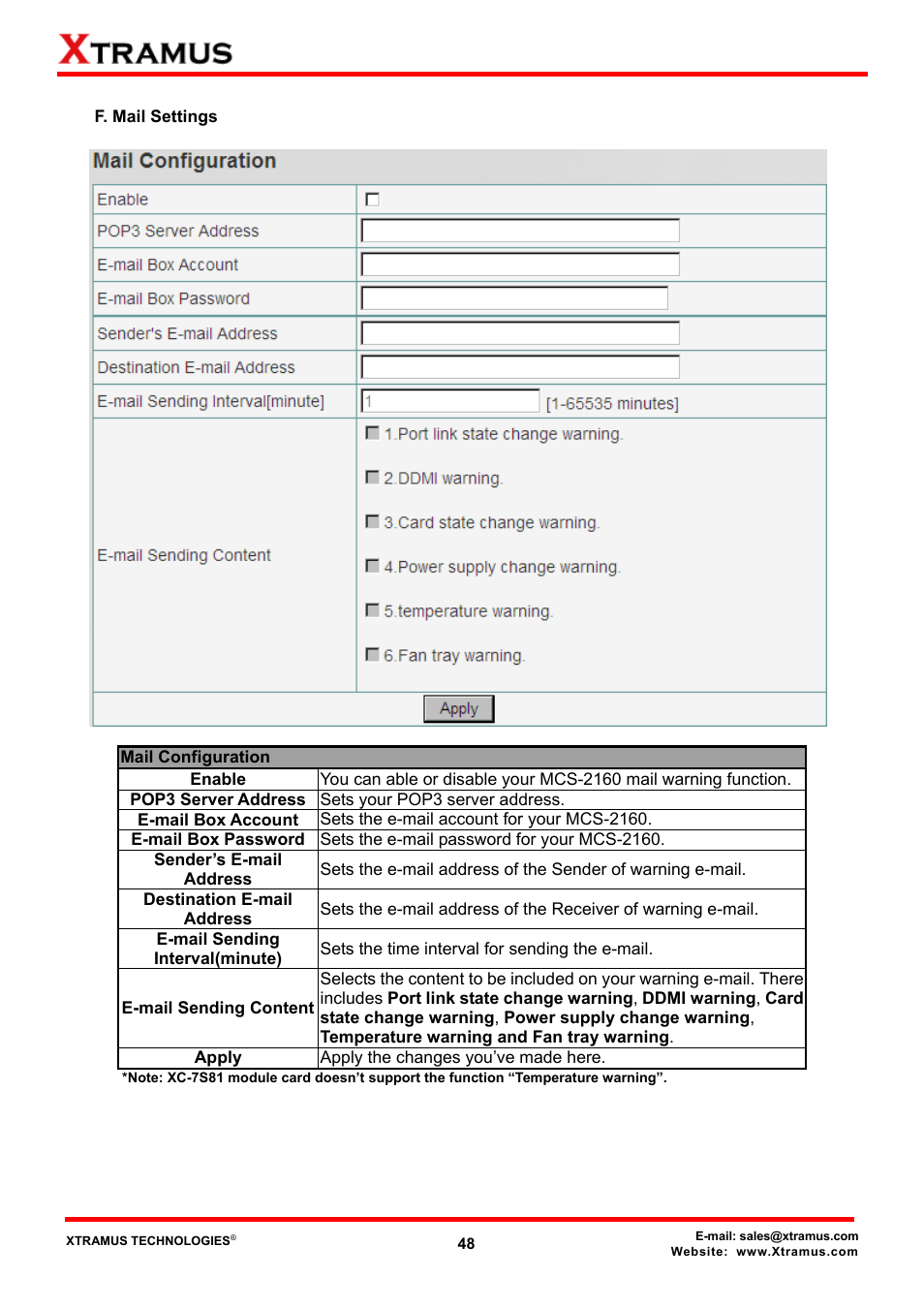 F. mail settings | Xtramus MCS-2160 V1.9.2 User Manual | Page 48 / 79