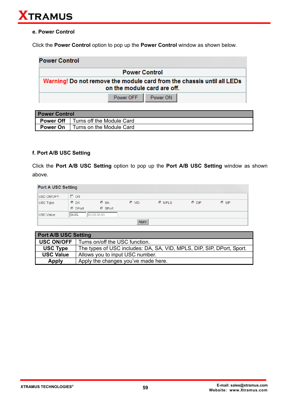 E. power control, F. port a/b usc setting | Xtramus MCS-2160 V1.9.2 User Manual | Page 59 / 79