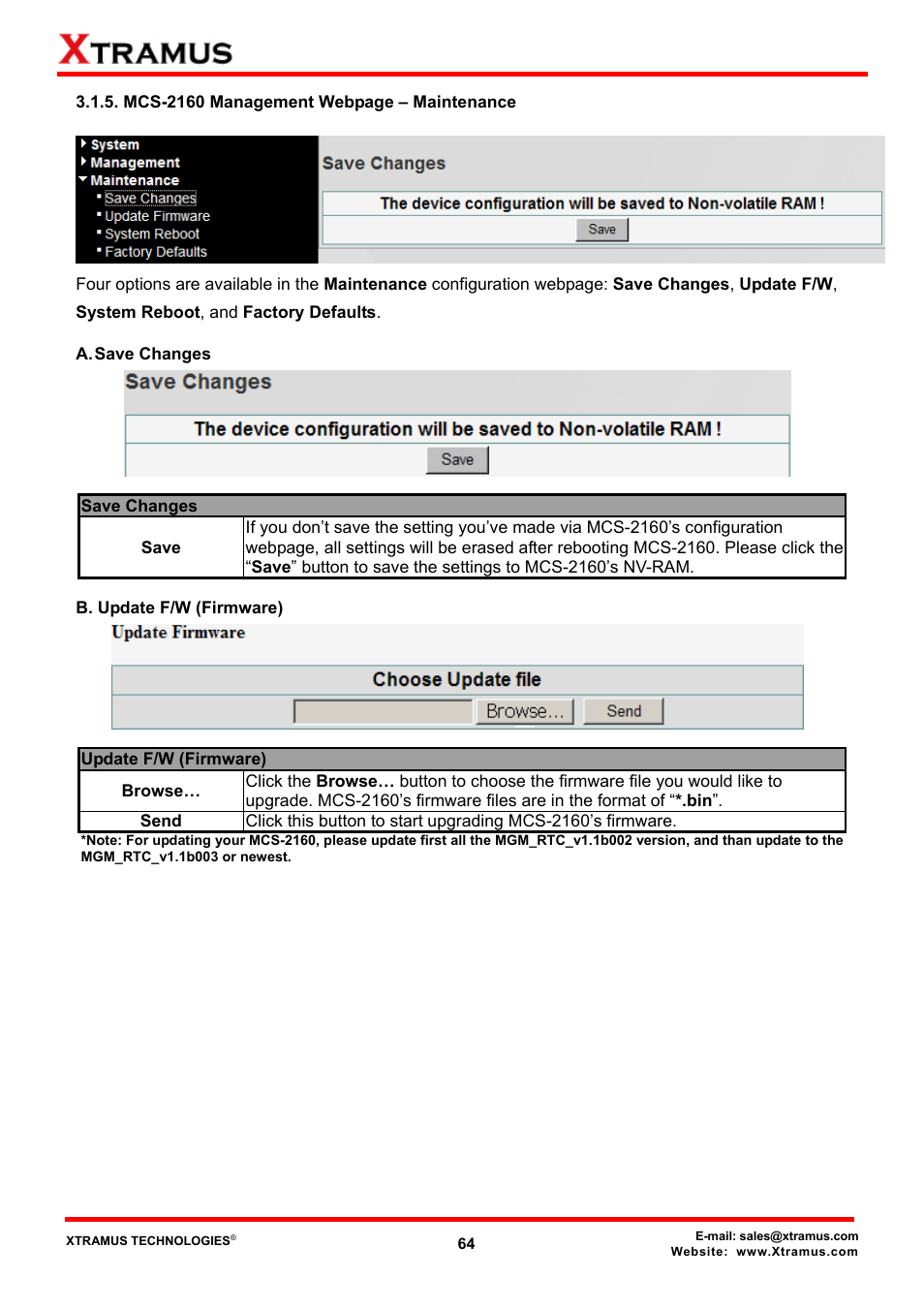 Save changes, B. update f/w (firmware) | Xtramus MCS-2160 V1.9.2 User Manual | Page 64 / 79