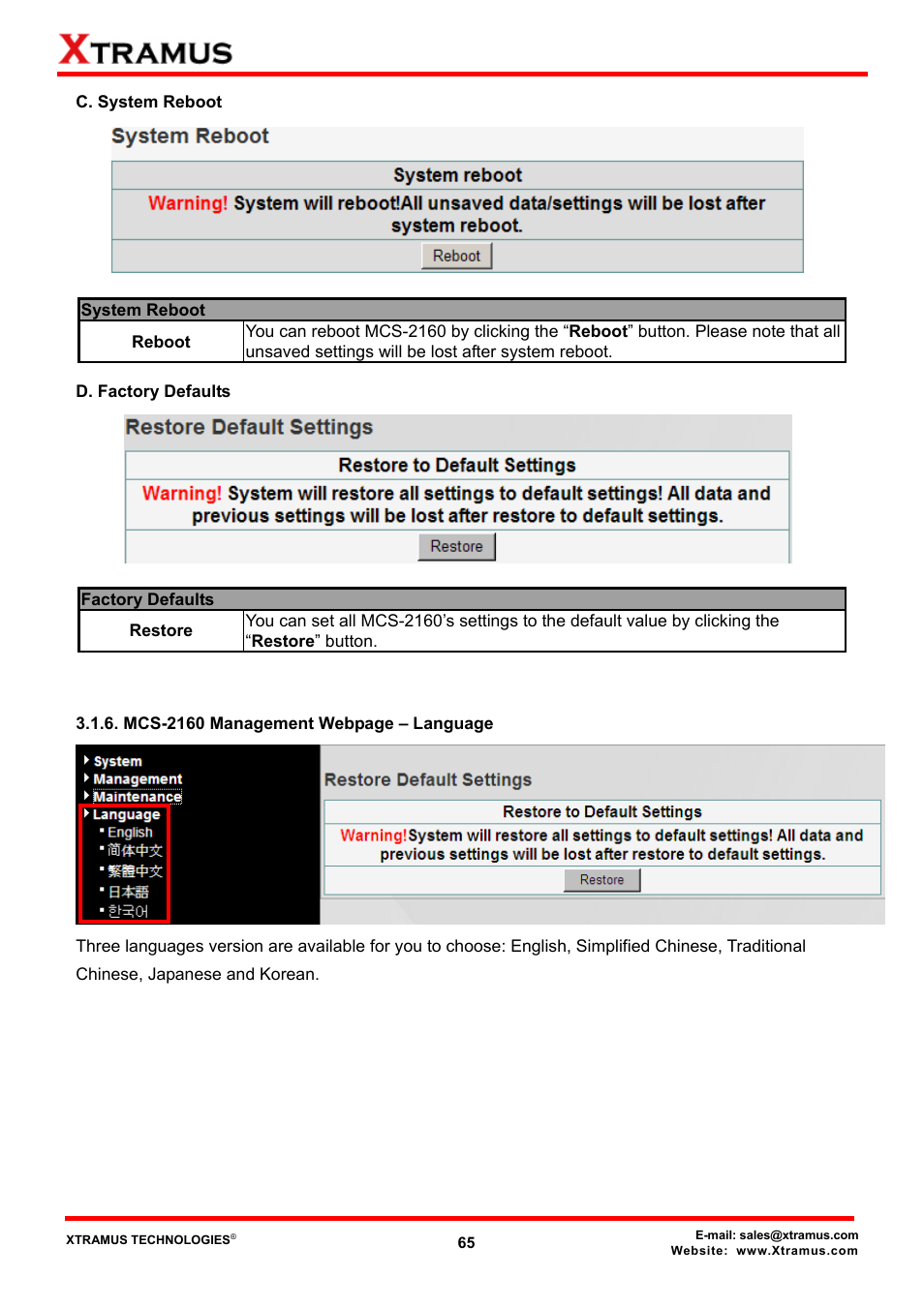 C. system reboot, D. factory defaults | Xtramus MCS-2160 V1.9.2 User Manual | Page 65 / 79