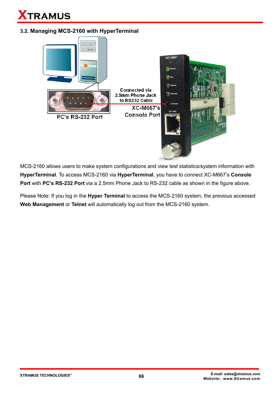 Managing mcs-2160 with hyperterminal | Xtramus MCS-2160 V1.9.2 User Manual | Page 66 / 79