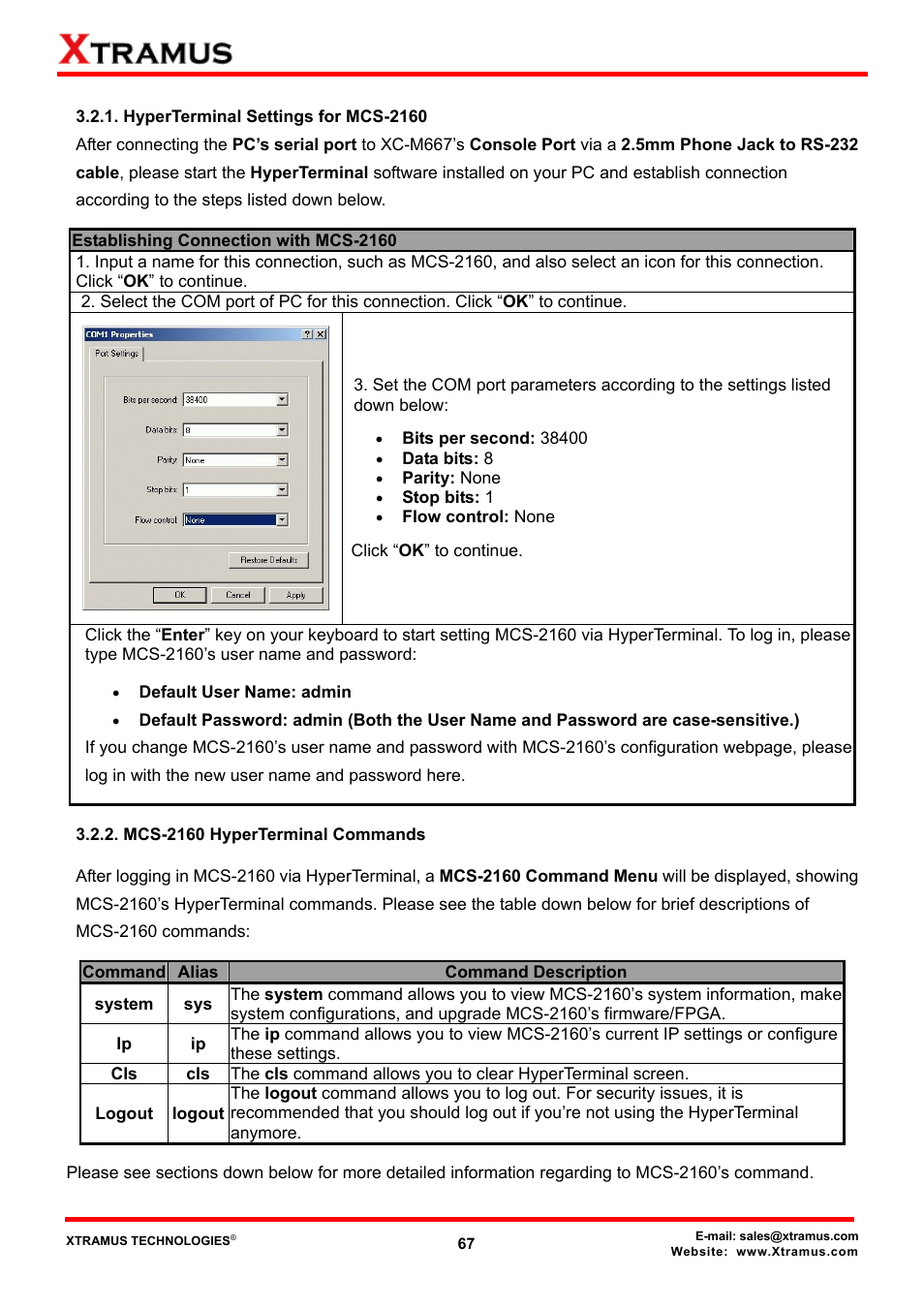 Hyperterminal settings for mcs-2160, Mcs-2160 hyperterminal commands | Xtramus MCS-2160 V1.9.2 User Manual | Page 67 / 79