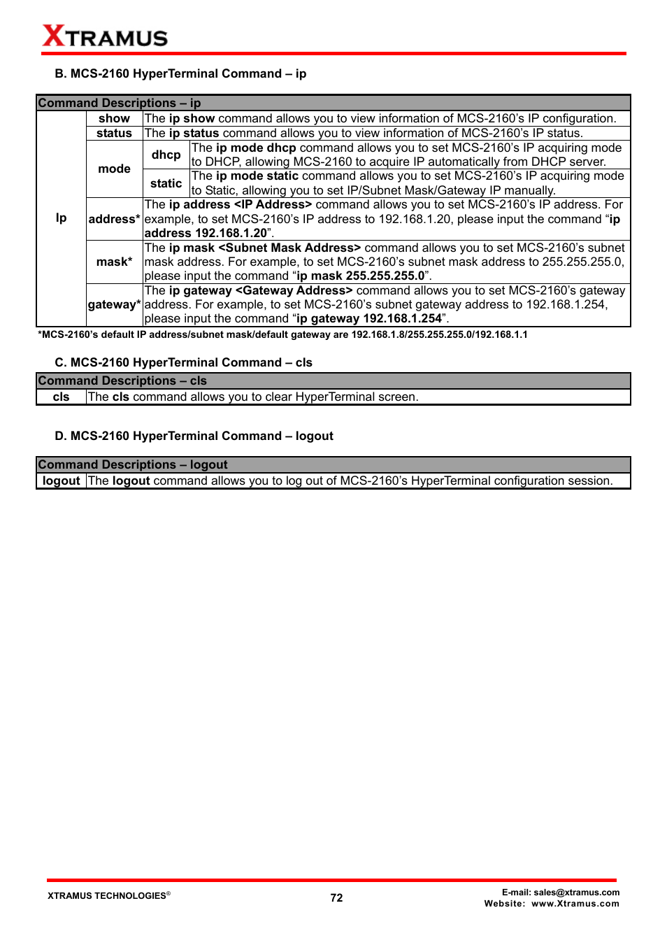 B. mcs-2160 hyperterminal command – ip, C. mcs-2160 hyperterminal command – cls, D. mcs-2160 hyperterminal command – logout | Xtramus MCS-2160 V1.9.2 User Manual | Page 72 / 79