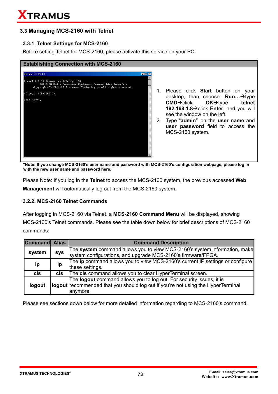 3 managing mcs-2160 with telnet, Telnet settings for mcs-2160, Mcs-2160 telnet commands | Xtramus MCS-2160 V1.9.2 User Manual | Page 73 / 79