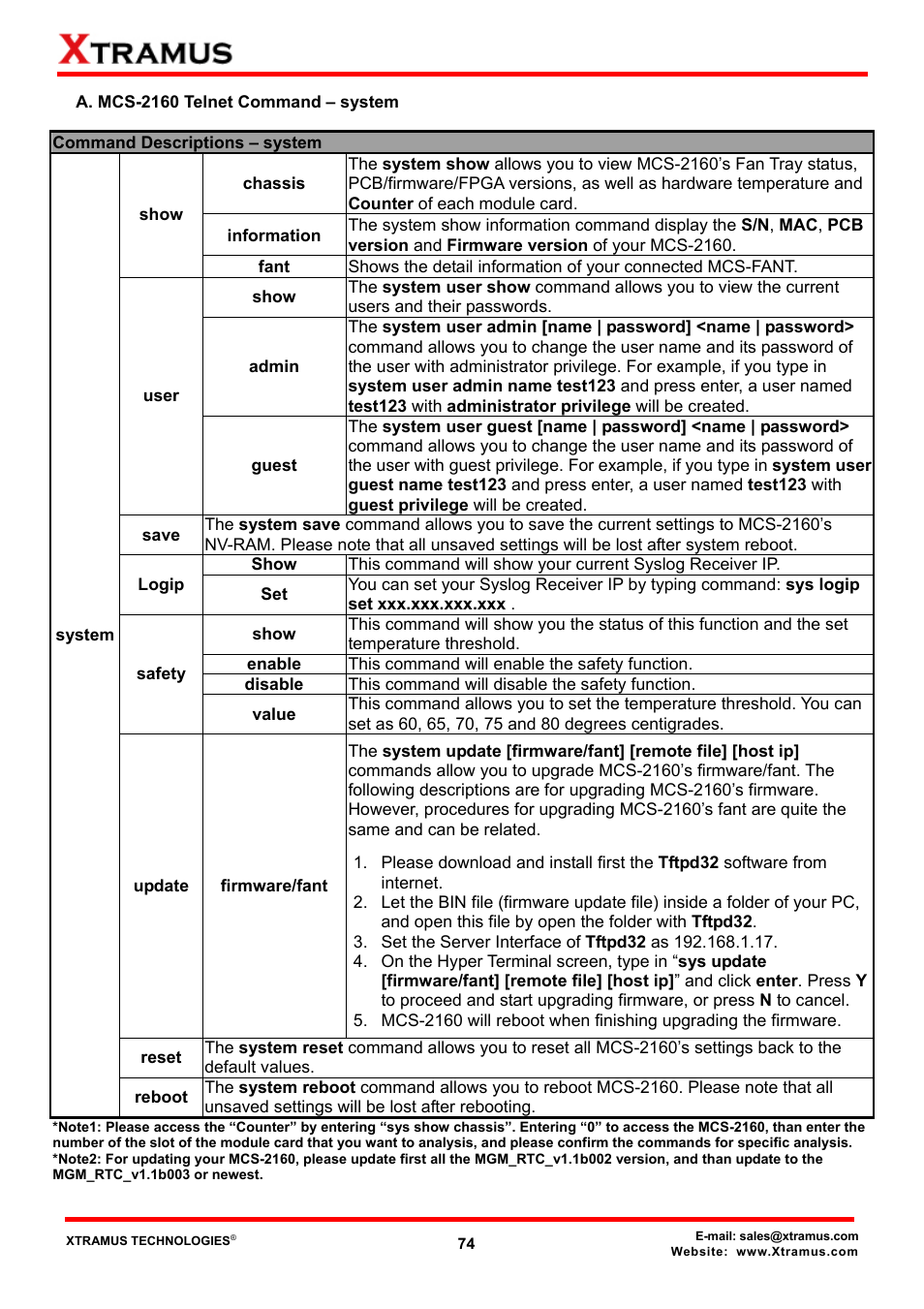 A. mcs-2160 telnet command – system | Xtramus MCS-2160 V1.9.2 User Manual | Page 74 / 79