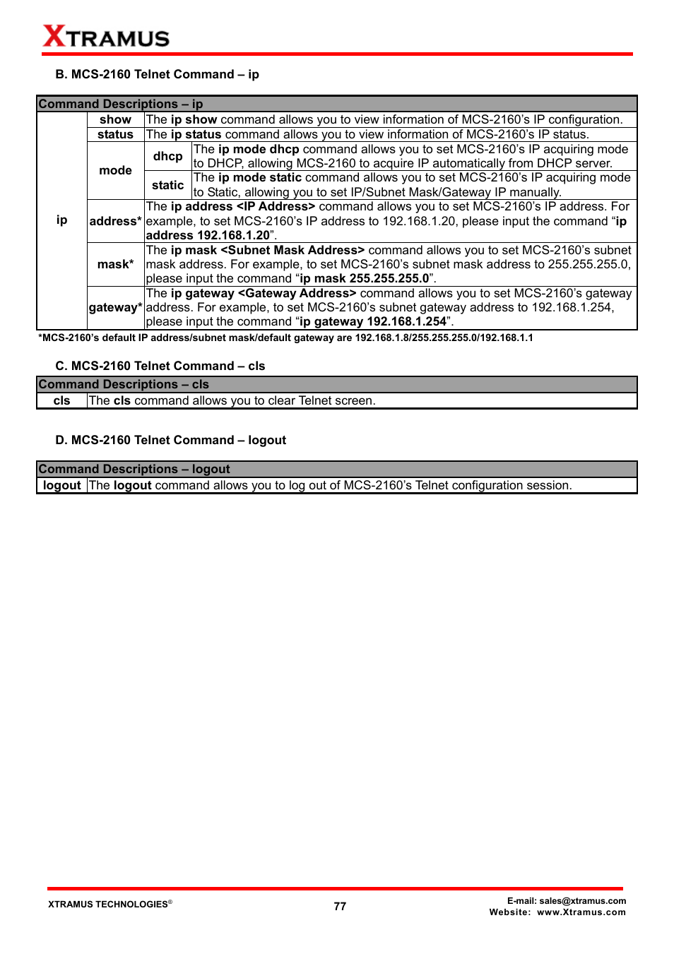 B. mcs-2160 telnet command – ip, C. mcs-2160 telnet command – cls, D. mcs-2160 telnet command – logout | Xtramus MCS-2160 V1.9.2 User Manual | Page 77 / 79