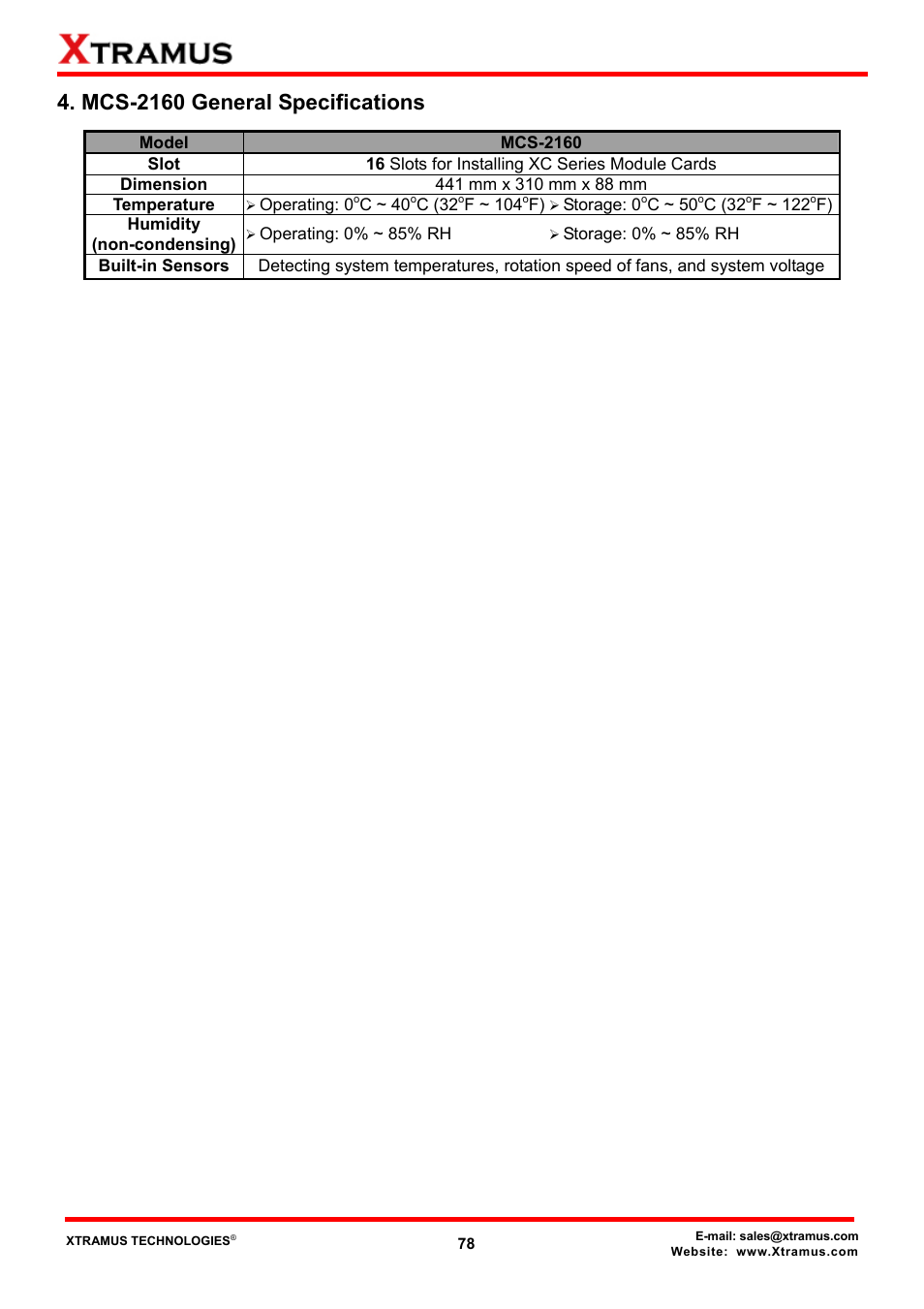 Mcs-2160 general specifications | Xtramus MCS-2160 V1.9.2 User Manual | Page 78 / 79