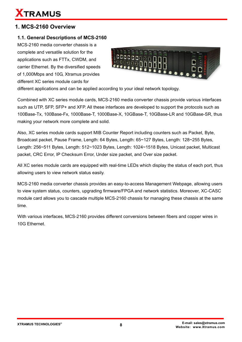 Mcs-2160 overview, General descriptions of mcs-2160 | Xtramus MCS-2160 V1.9.2 User Manual | Page 8 / 79