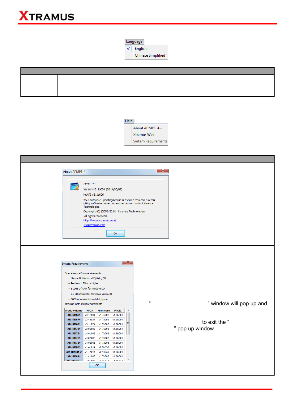 Language, Help | Xtramus APMPT-4 V2.4 User Manual | Page 30 / 145